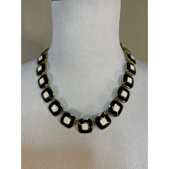 Vintage Resin Midnight Blue / Cream Gold Tone Double Square Design Necklace & Br - Picture 3 of 10